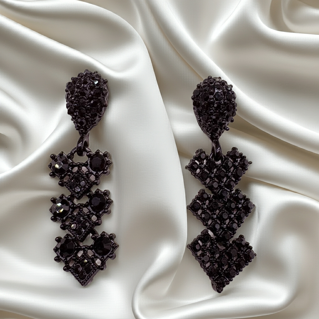 Black Crystal Pendant and Dangle Earring Set