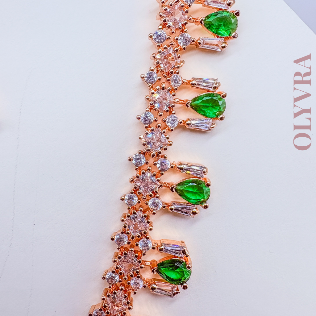 Rose Gold Plated AD & Emerald Green Necklace Set