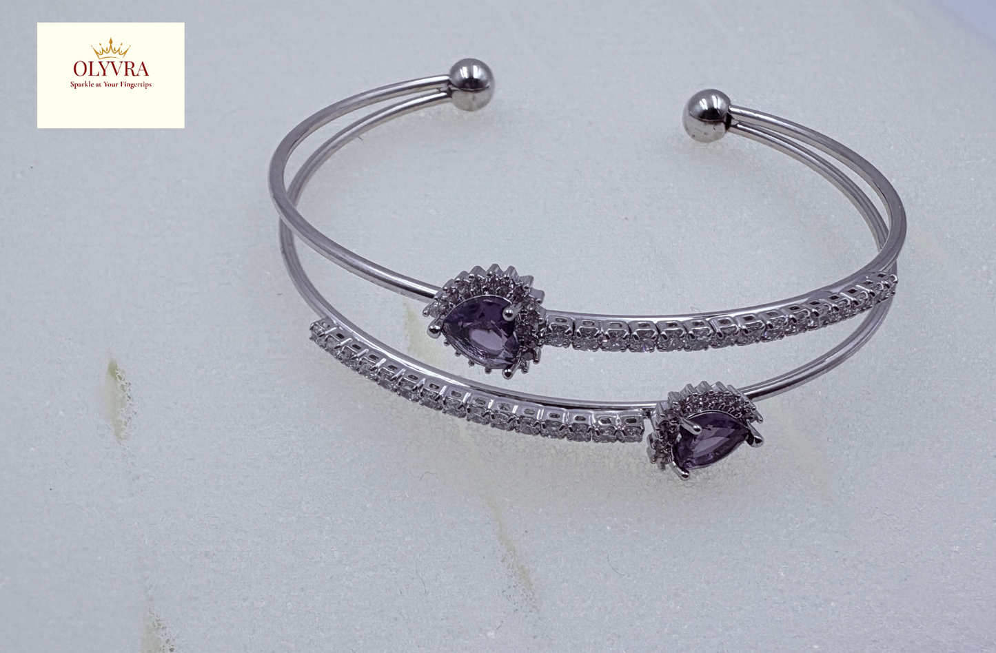 Silver-plated deep purple stones open bangle |Olyvra