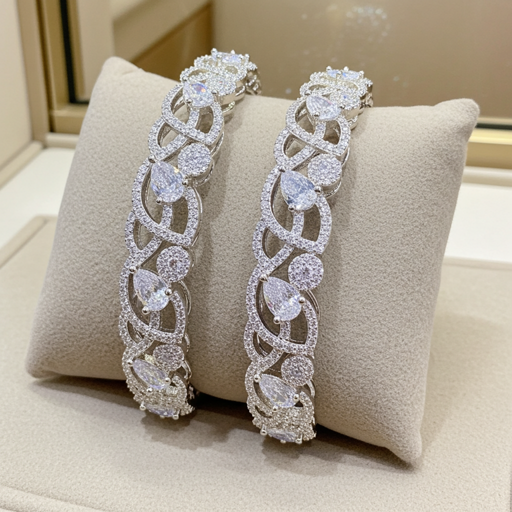 Elegant AD Stone Bangles – Silver Finish| Olyvra