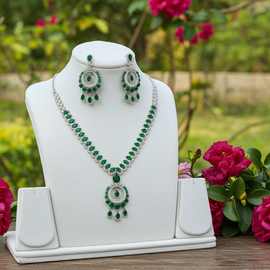 American Diamond Green Stone Necklace Set for Women – Elegant Design by OLYVRA