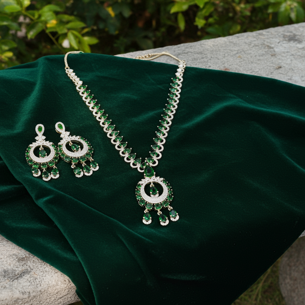 American Diamond Green Stone Necklace Set for Women – Elegant Design by OLYVRA