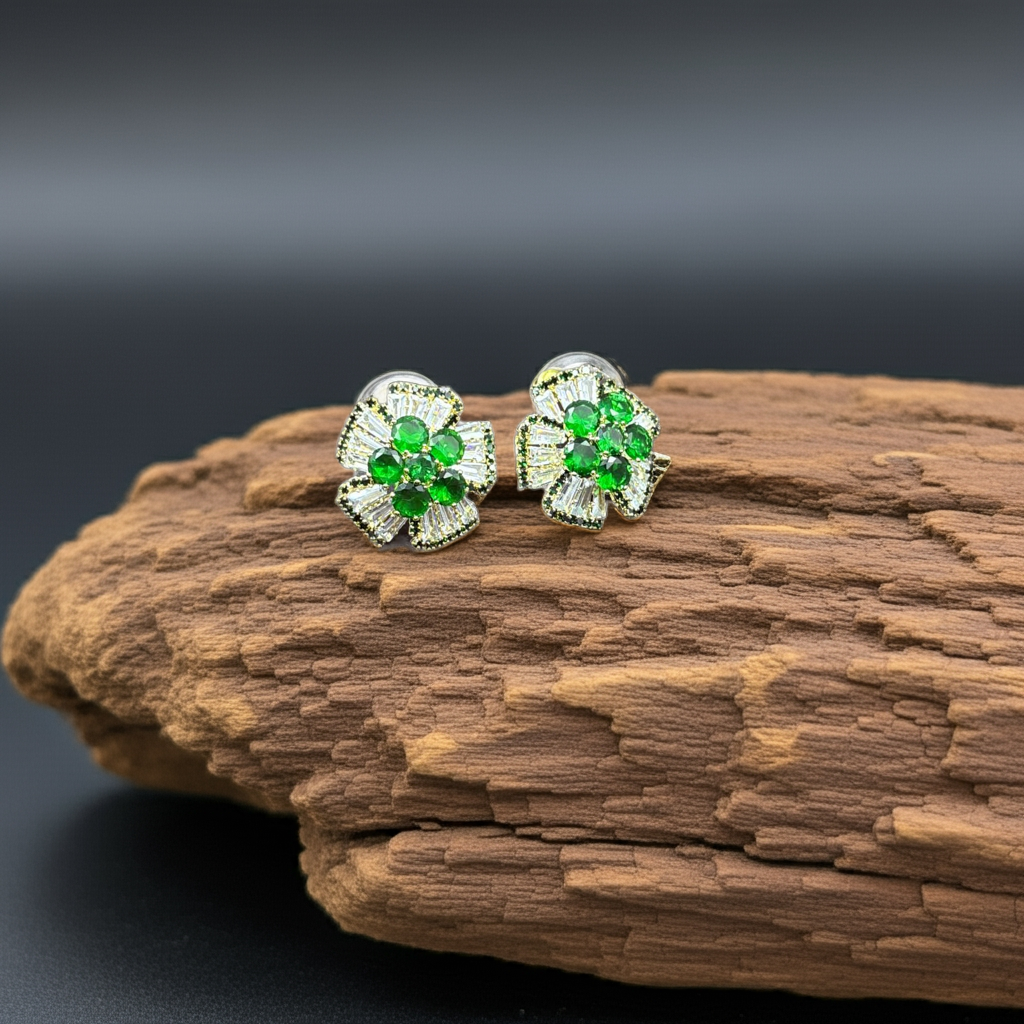 Emerald Green Floral Stud Earrings