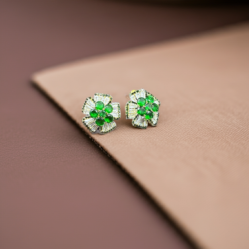 Emerald Green Floral Stud Earrings