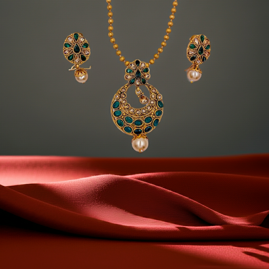 Gold-Toned Necklace & Earrings Set with Green Stones