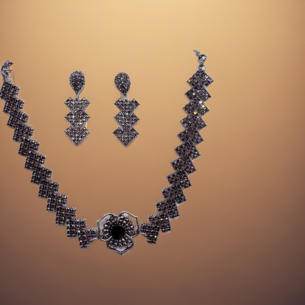 Gray and Black Crystal Pendant and Dangle Earring Set