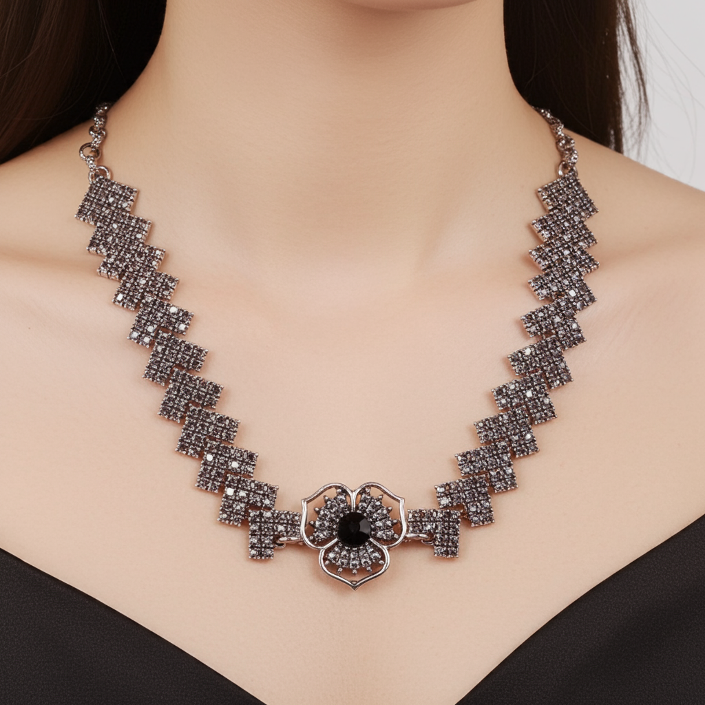 Gray and Black Crystal Pendant and Dangle Earring Set