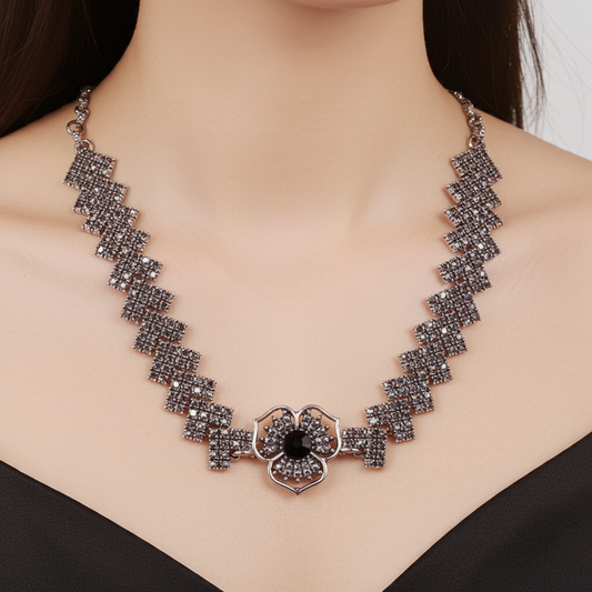 Gray and Black Crystal Pendant and Dangle Earring Set