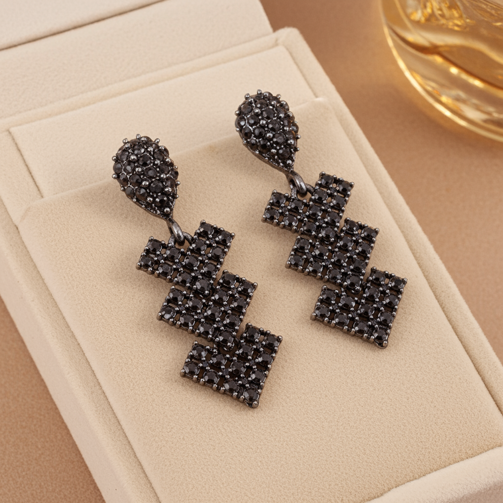 Gray and Black Crystal Pendant and Dangle Earring Set