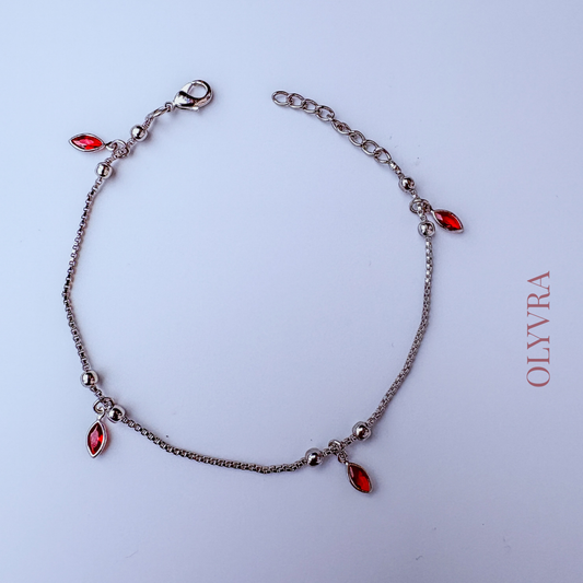 Silver-Tone Leaf Charm Bracelet with Red Accents | Olyvra