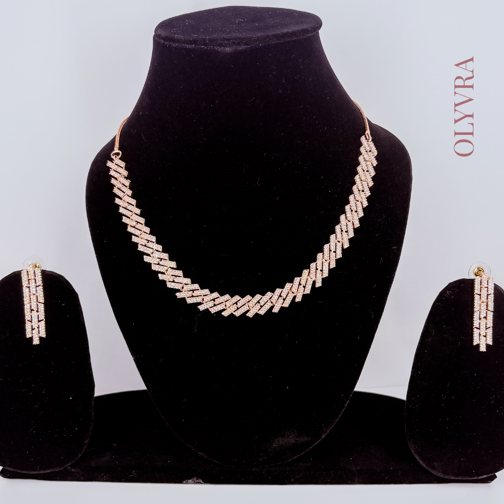 Sparkling AD Necklace with Matching Earrings – Rose Gold Finish | Olyvra