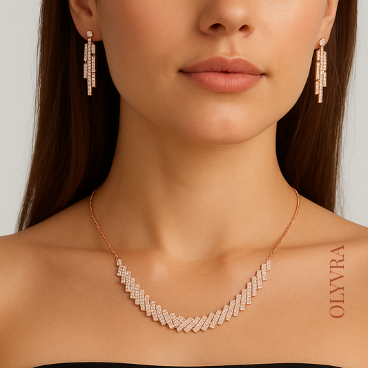 Sparkling AD Necklace with Matching Earrings – Rose Gold Finish | Olyvra