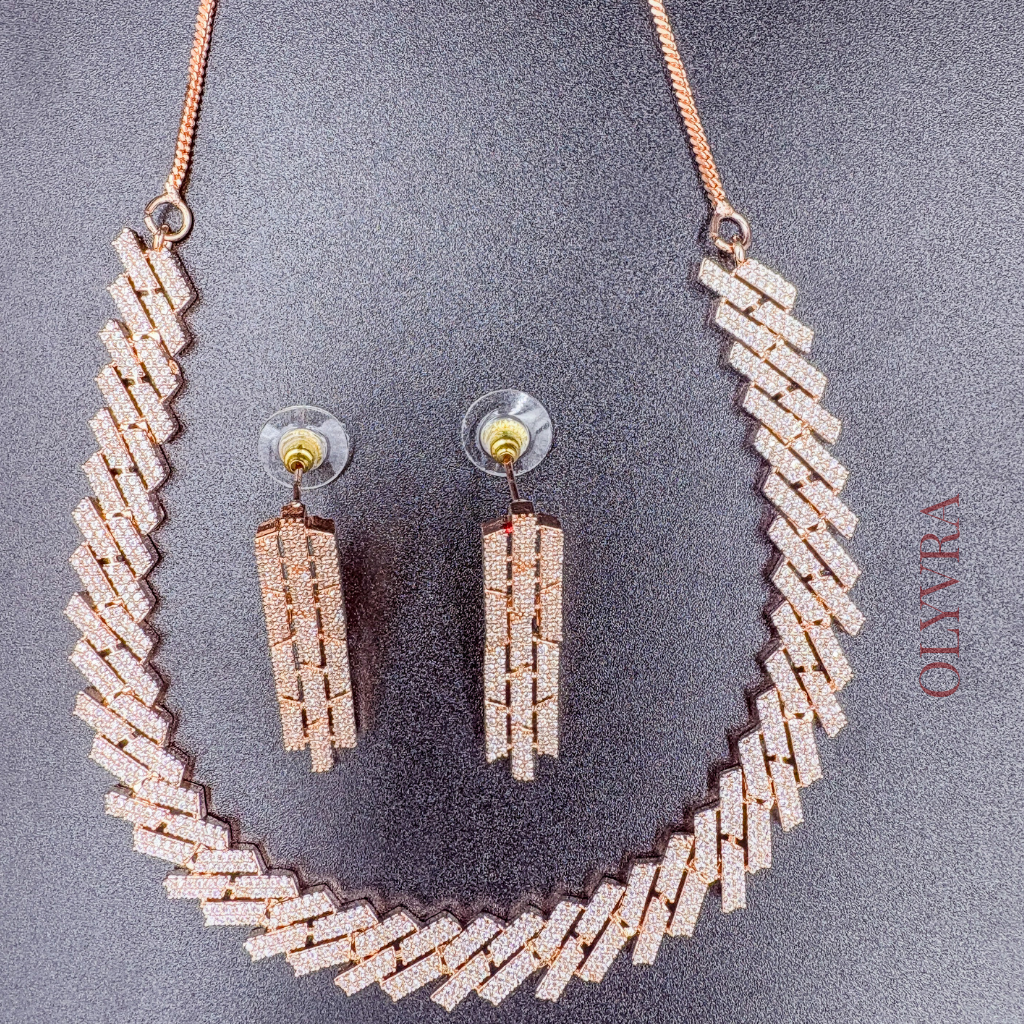 Sparkling AD Necklace with Matching Earrings – Rose Gold Finish | Olyvra