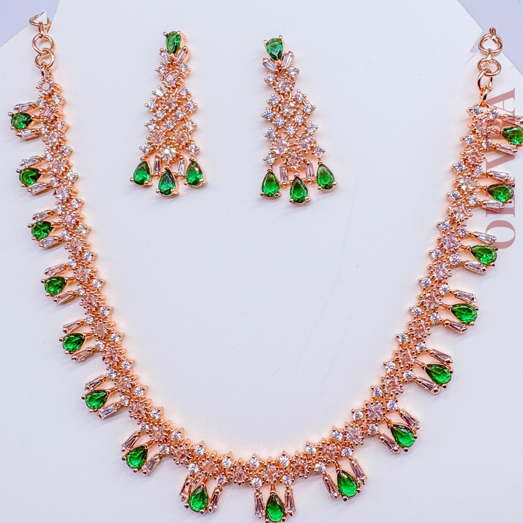 Rose Gold Plated AD & Emerald Green Necklace Set