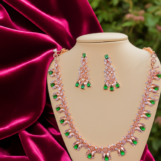 Rose Gold Plated AD & Emerald Green Necklace Set