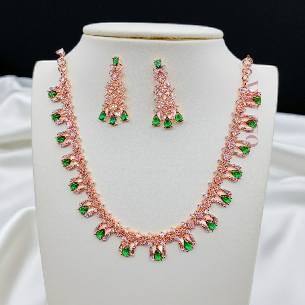 Rose Gold Plated AD & Emerald Green Necklace Set