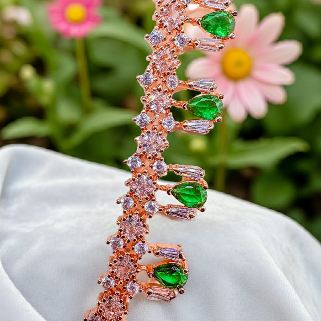 Rose Gold Plated AD & Emerald Green Necklace Set