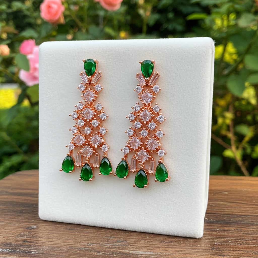 Rose Gold Plated AD & Emerald Green Necklace Set