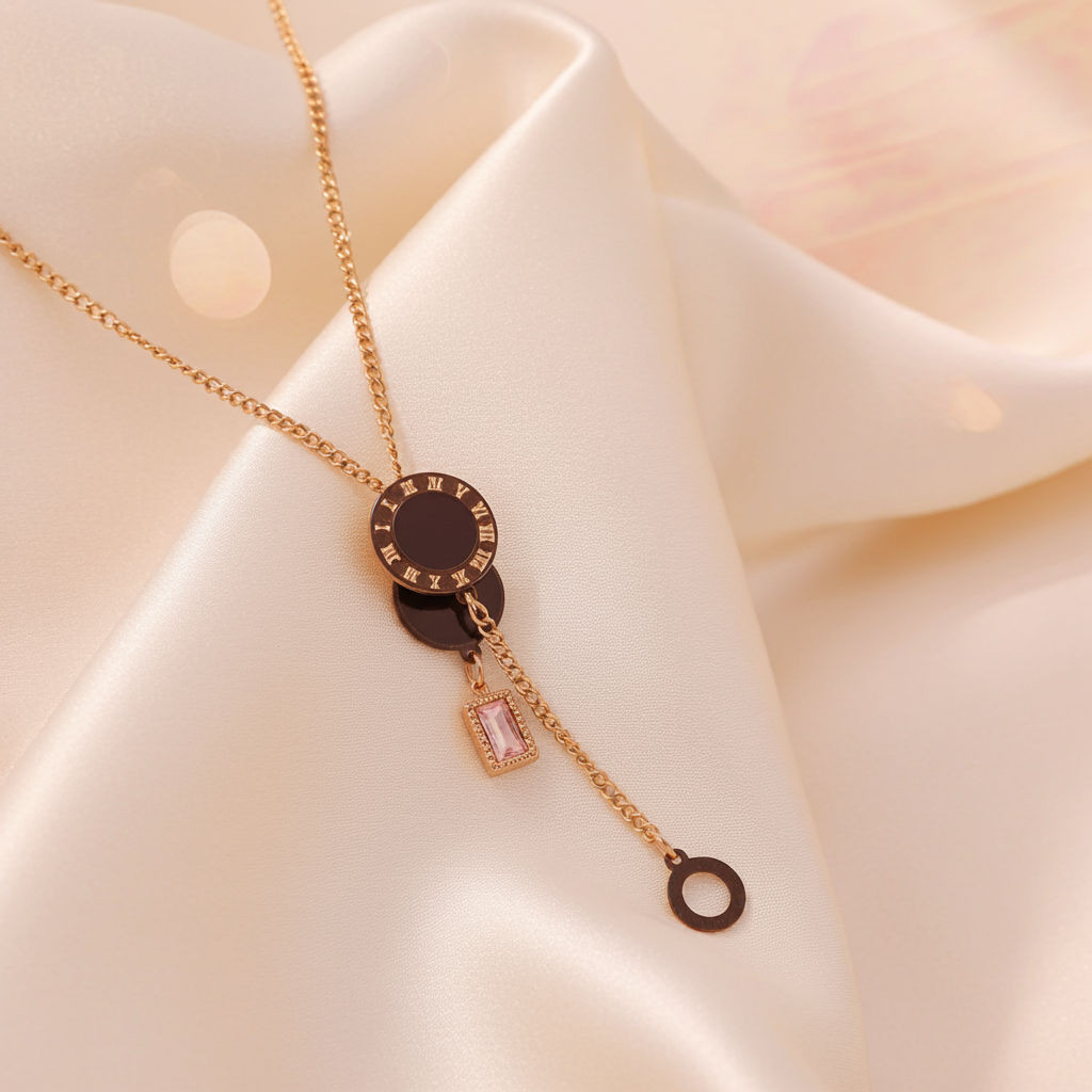 Rose Gold Roman Dial Pendant Necklace – Modern Minimal Design Olyvra