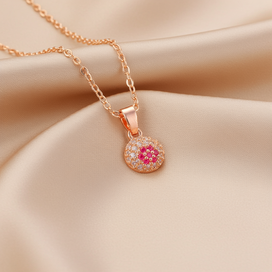 Rose Gold Round Pendant with Pink Accent