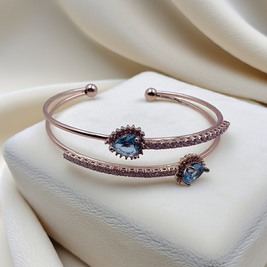 Rose gold-plated sky-blue stones open bangle |Olyvra