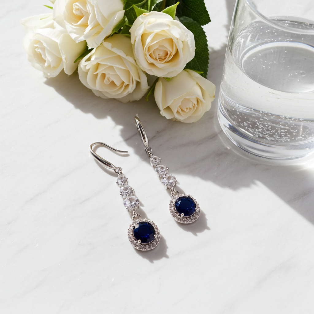 Silver-Plated Drop Earrings with Blue Stone | olyvra