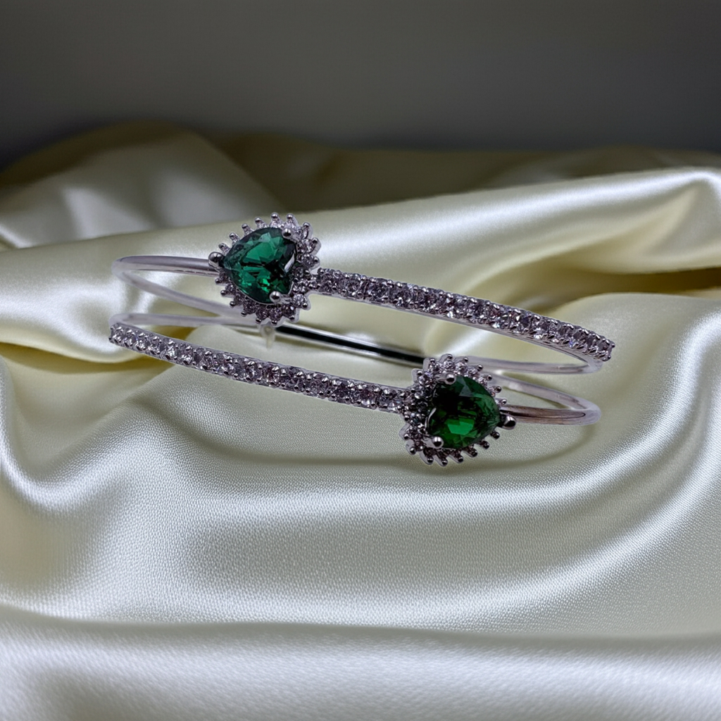 Silver-plated  Green stones open bangle |Olyvra