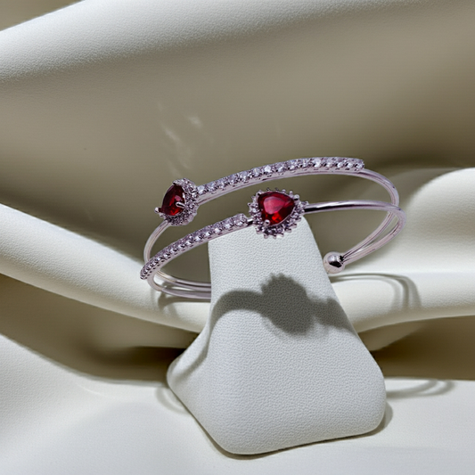 Silver-plated deep red stones open bangle |Olyvra