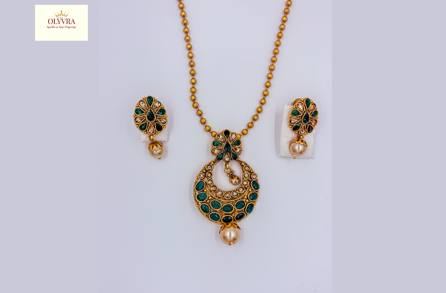 Gold-Toned Necklace & Earrings Set with Green Stones