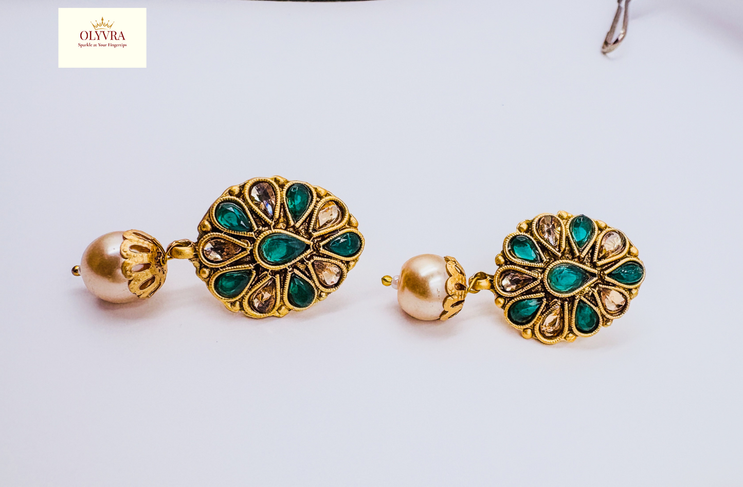 Gold-Toned Necklace & Earrings Set with Green Stones