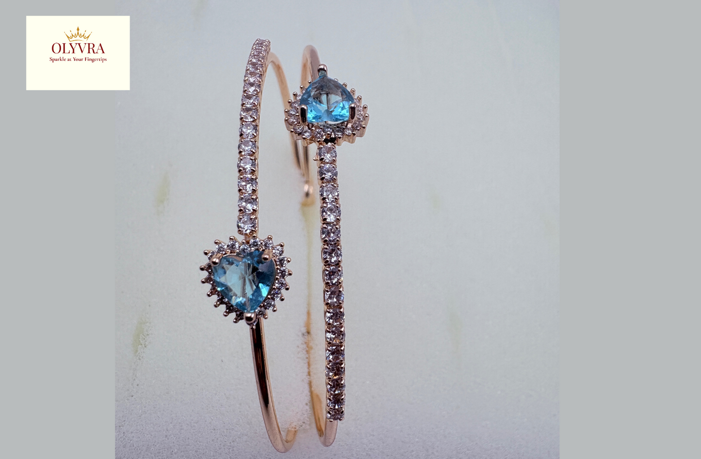 Rose gold-plated sky-blue stones open bangle |Olyvra