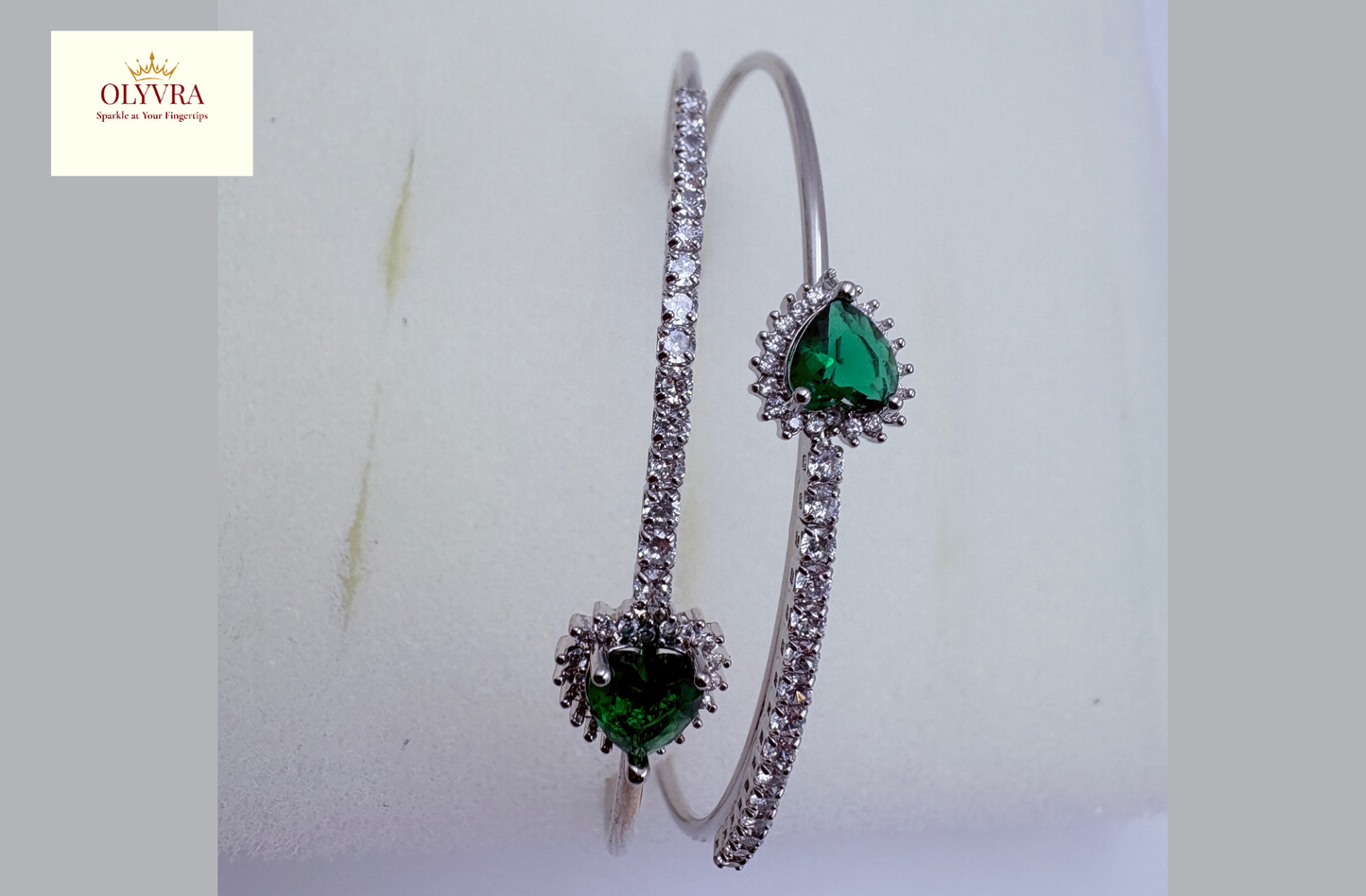 Silver-plated  Green stones open bangle |Olyvra