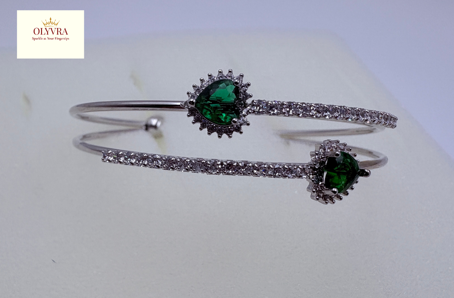 Silver-plated  Green stones open bangle |Olyvra