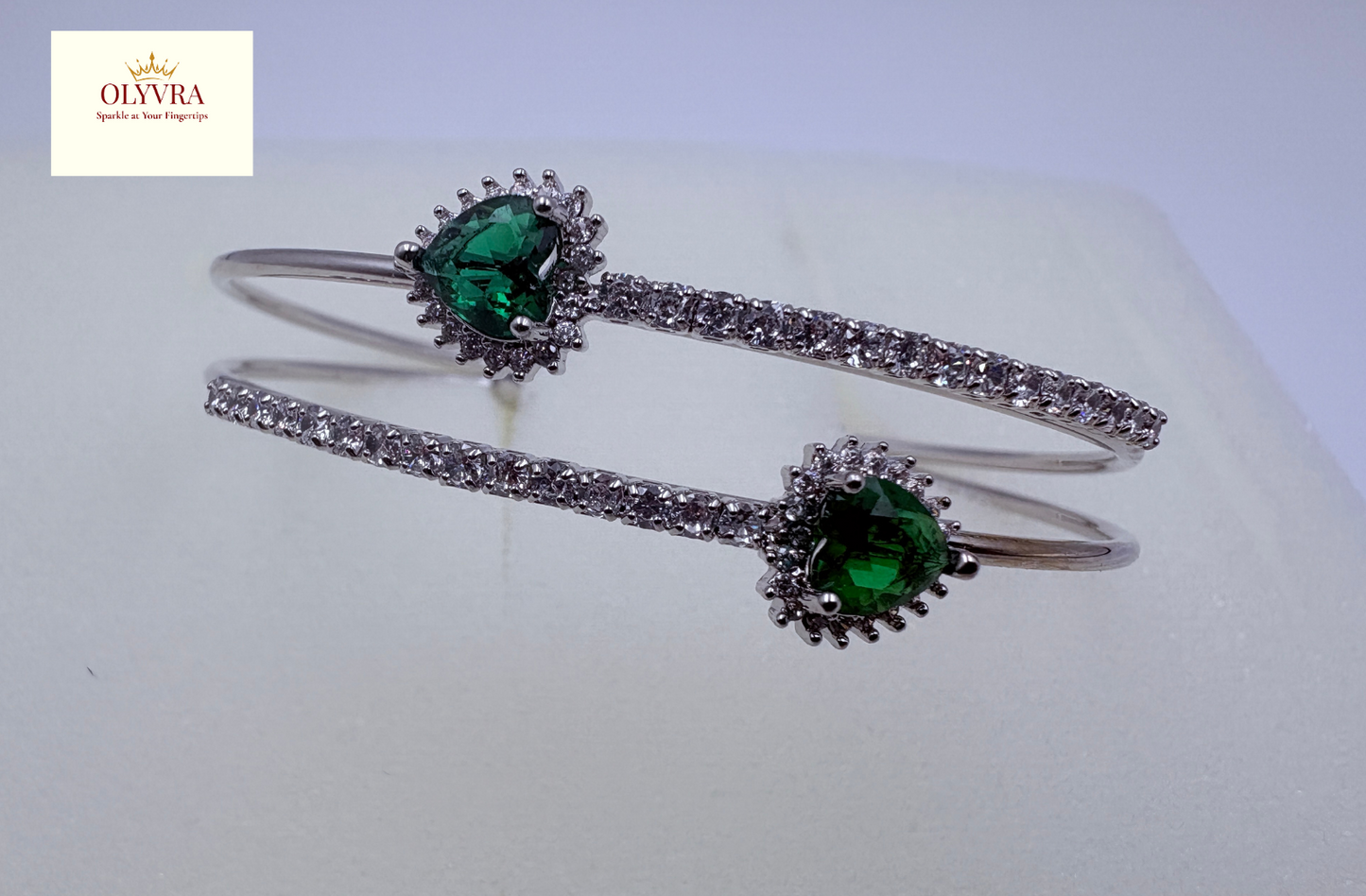 Silver-plated  Green stones open bangle |Olyvra