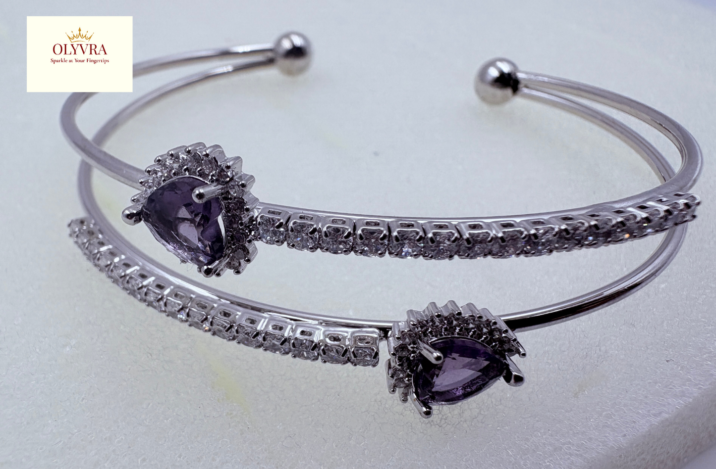 Silver-plated  deep purple stones open bangle |Olyvra