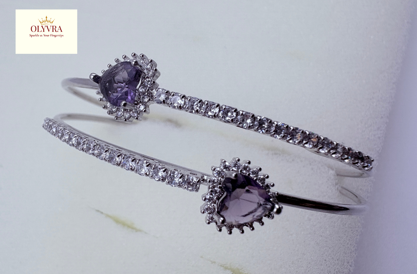 Silver-plated  deep purple stones open bangle |Olyvra