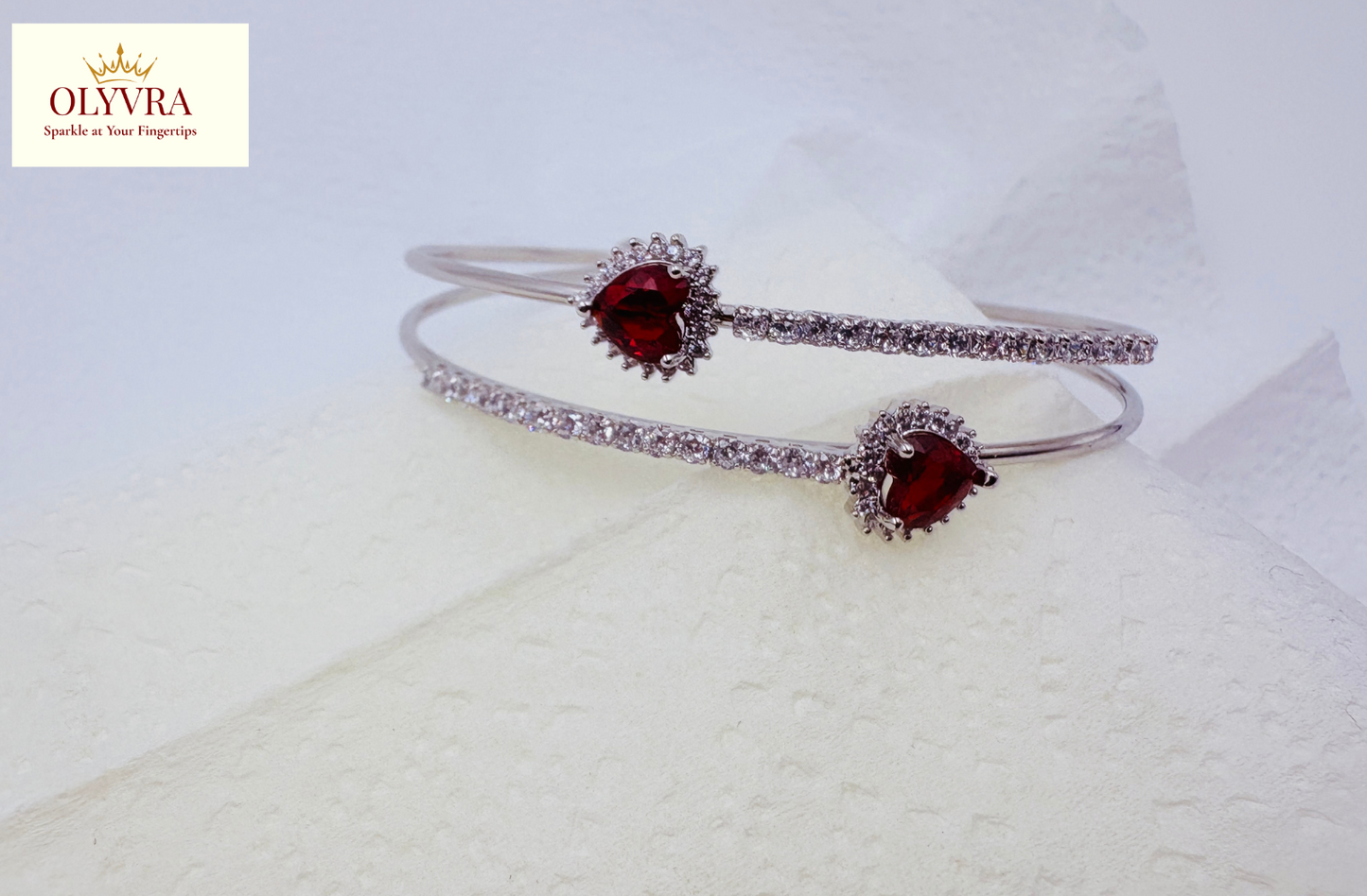 Silver-plated deep red stones open bangle |Olyvra