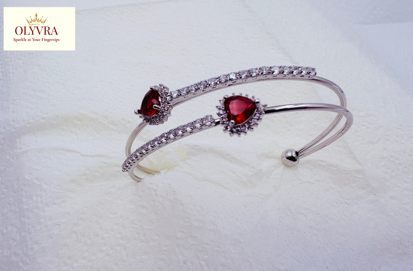 Silver-plated deep red stones open bangle |Olyvra