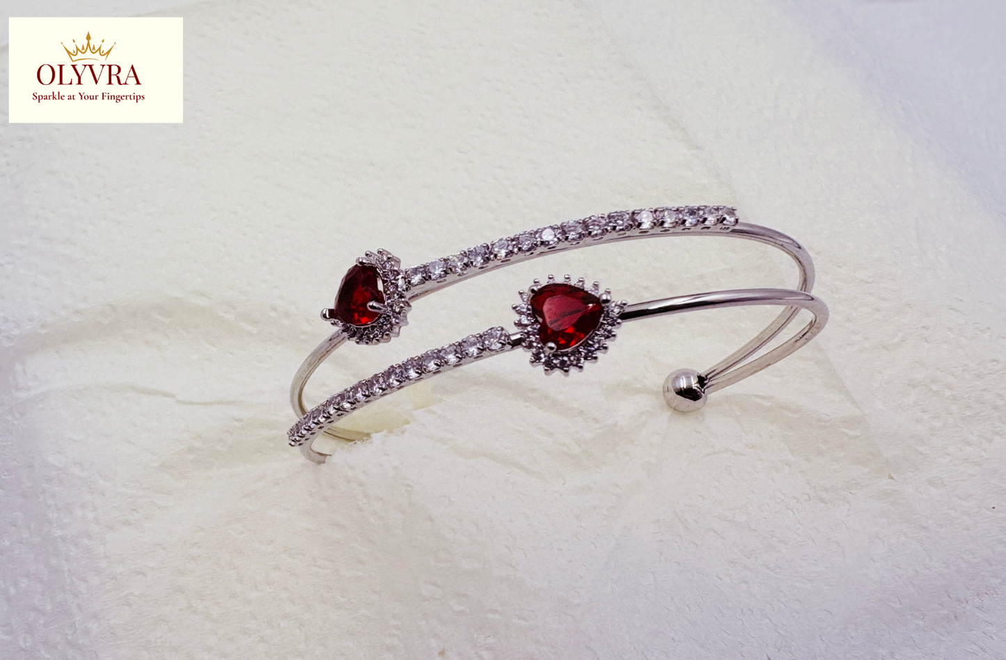 Silver-plated deep red stones open bangle |Olyvra