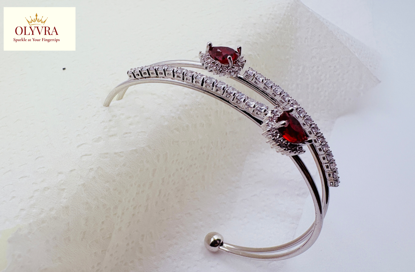 Silver-plated deep red stones open bangle |Olyvra