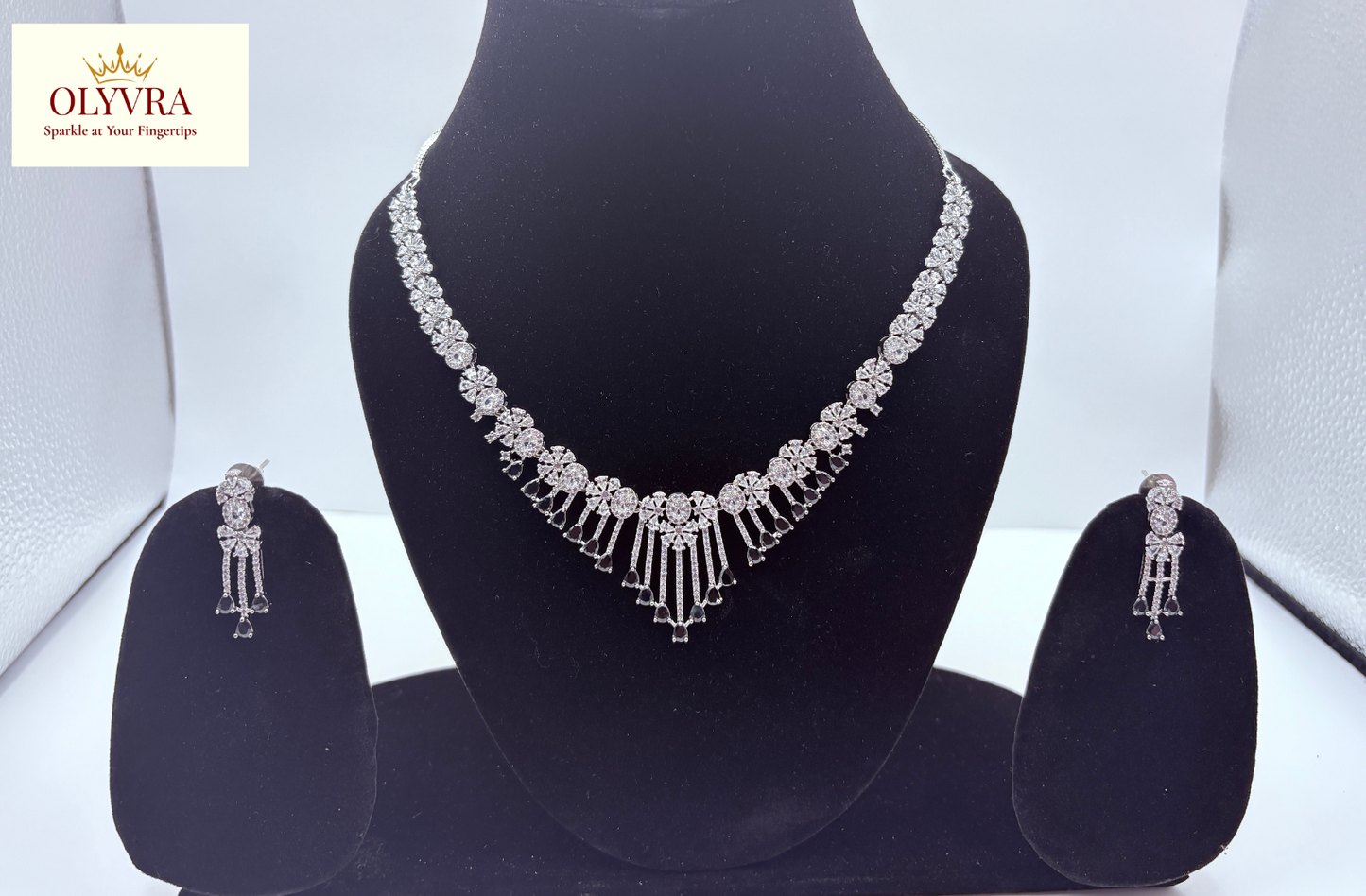 Silver Plated AD Stone Necklace & Earrings Set | Olyvra