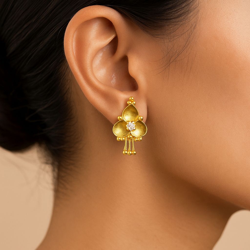 Gold-Plated AD Stud Earrings – Elegant Floral Design