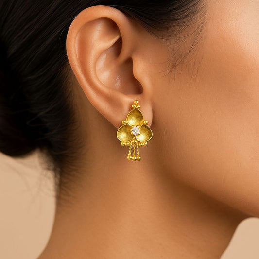 Gold-Plated AD Stud Earrings – Elegant Floral Design