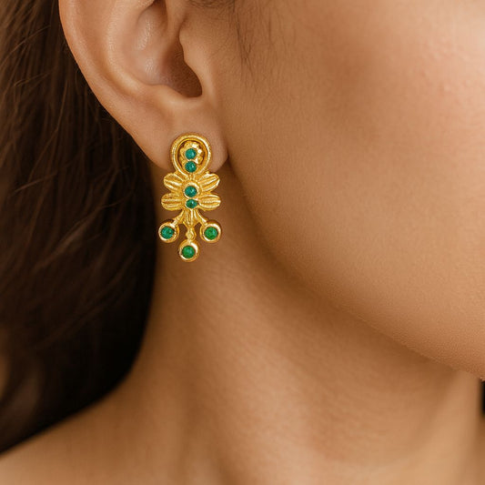 Antique Gold-Plated Green Stone Drop Earrings