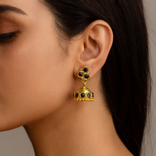 Black Stone Gold-Plated Jhumka Earrings