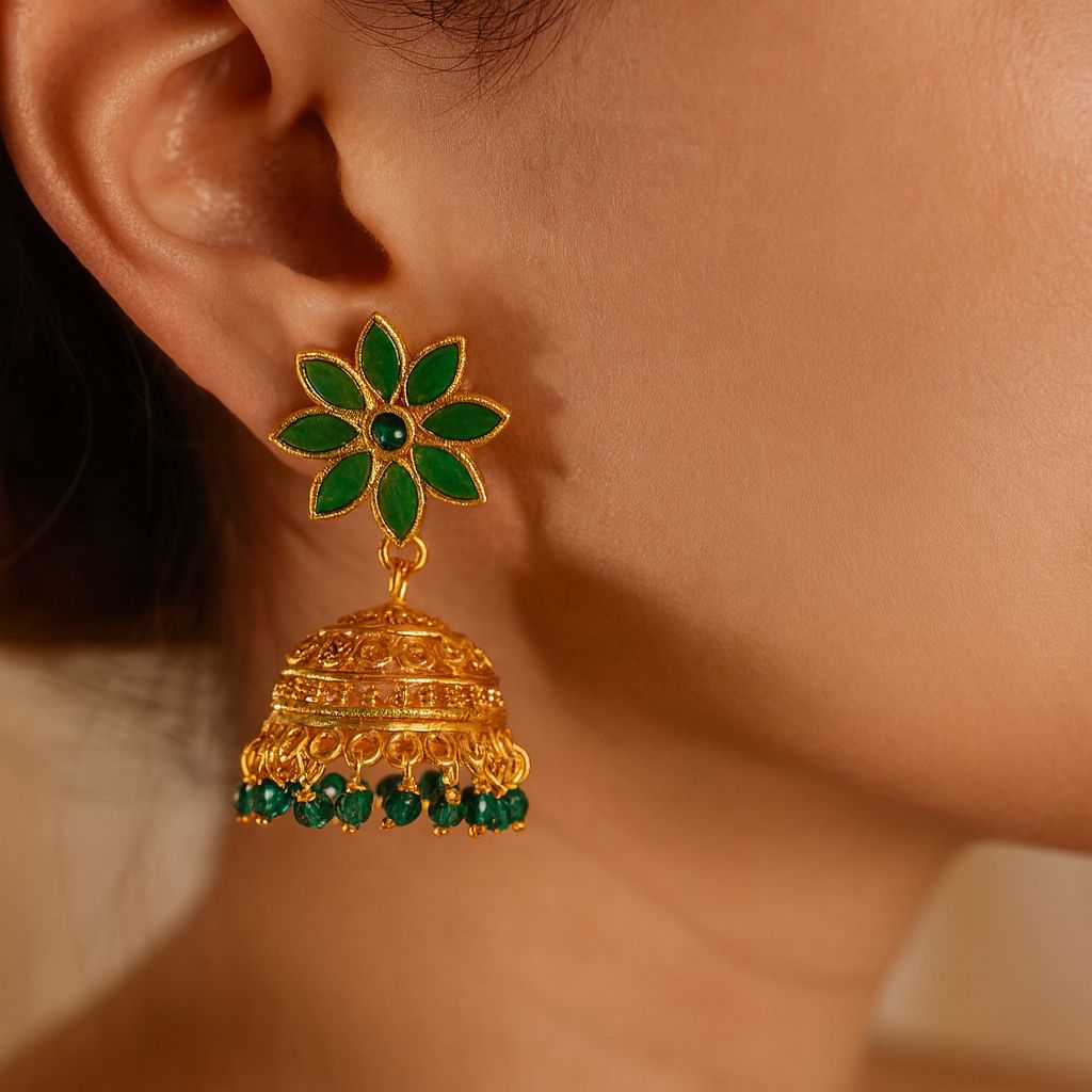 Green Stone Floral Jhumka Earrings – Gold Plated Olyvra