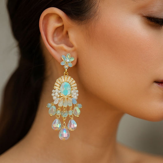 Crystal Floral Drop Earrings – Elegant Gold Plated Design