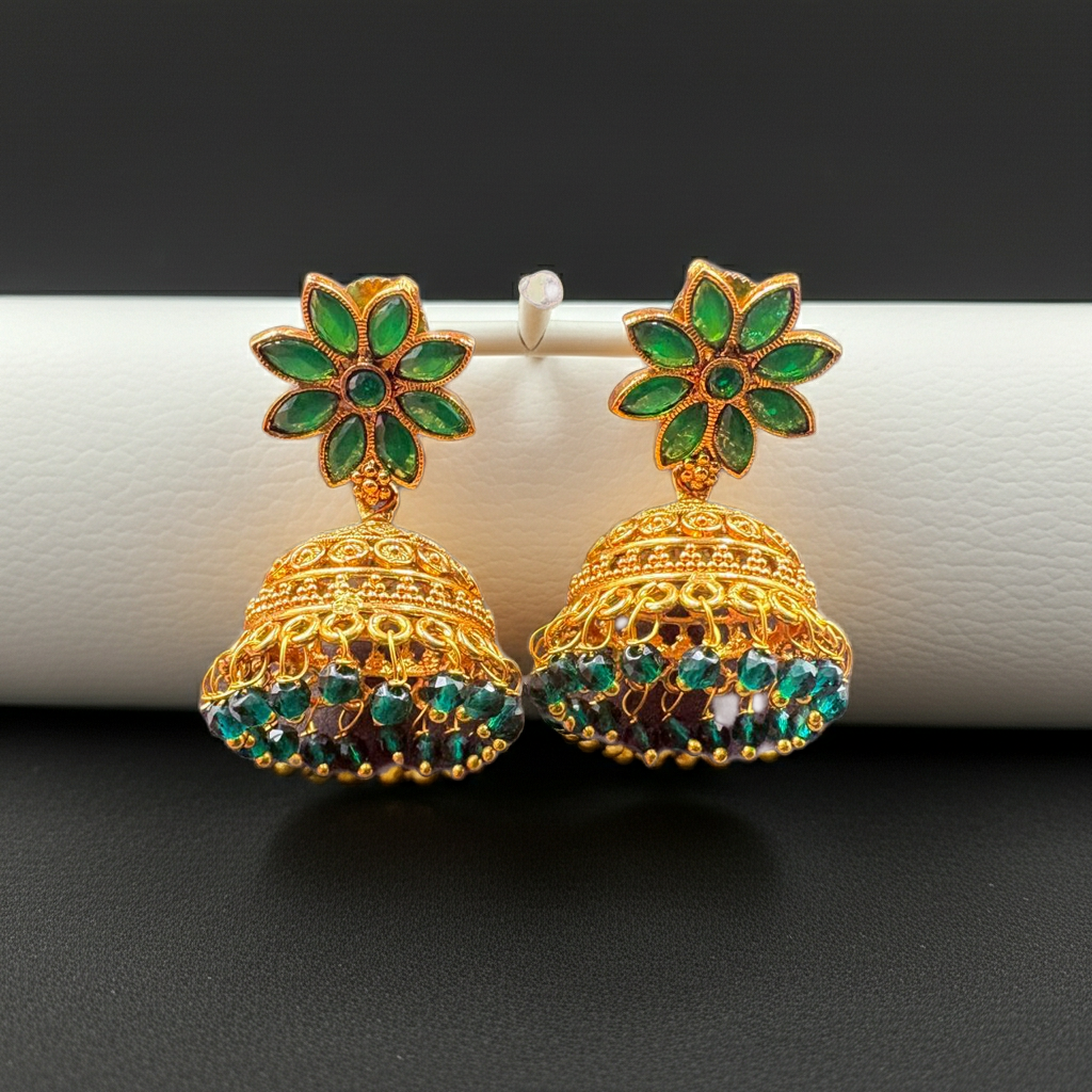 Green Stone Floral Jhumka Earrings – Gold Plated Olyvra