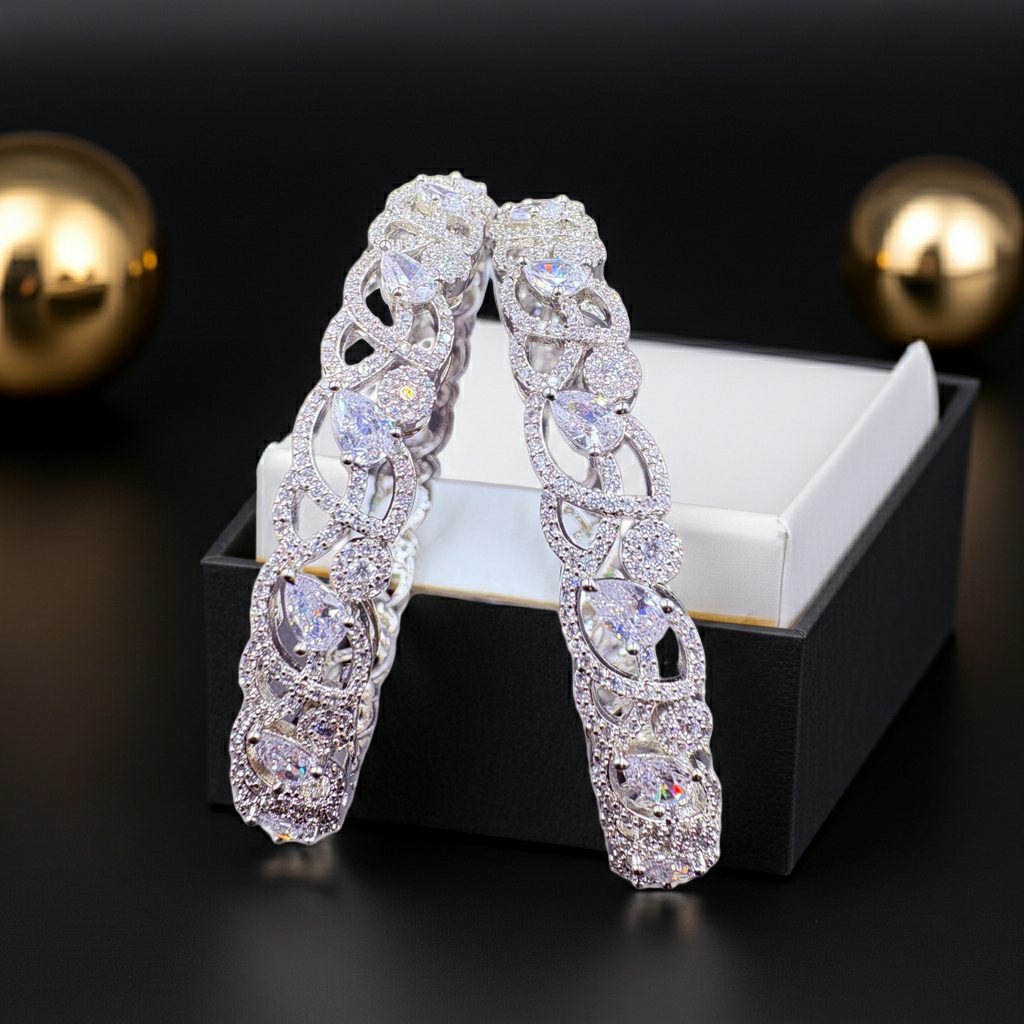 Elegant AD Stone Bangles – Silver Finish|  Olyvra