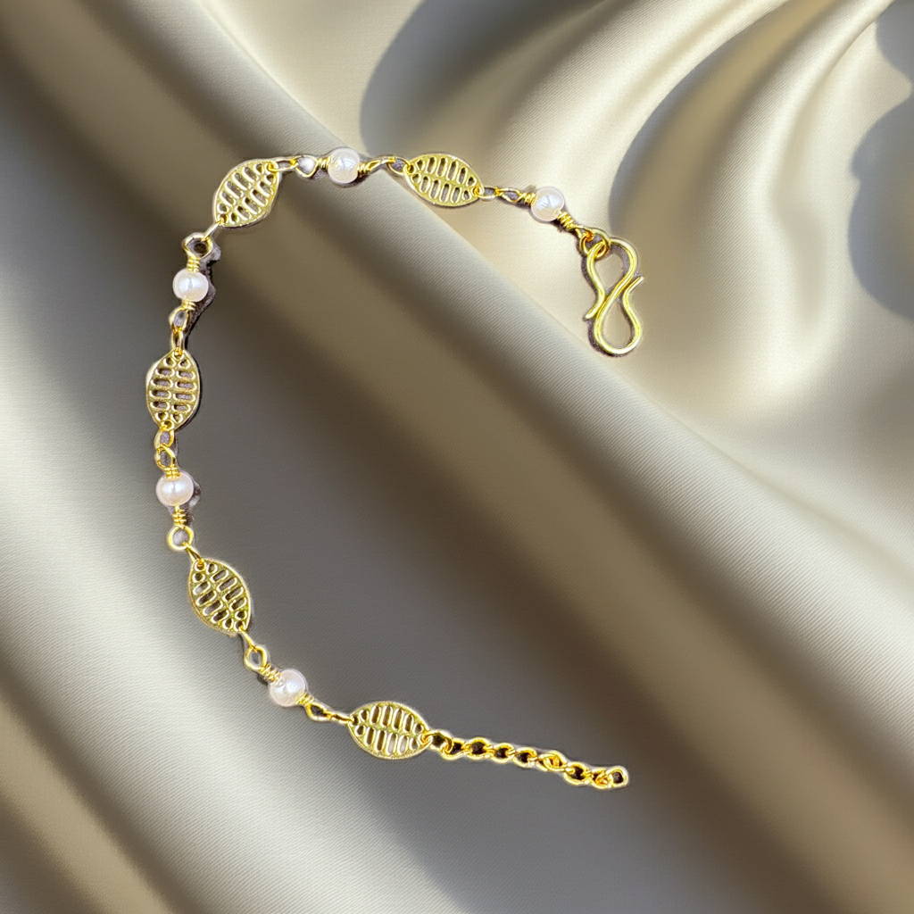 Elegant Gold-Plated Leaf &amp; Pearl Bracelet –6 Inch
